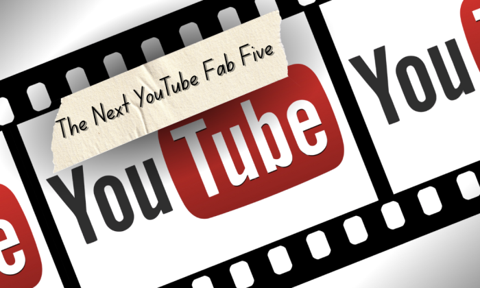 A stylized film strip featuring the YouTube logo repeated across frames. A torn piece of tape overlays the image with handwritten text reading “The Next YouTube Fab Five.” The design represents a creative showcase of diverse YouTube creators.