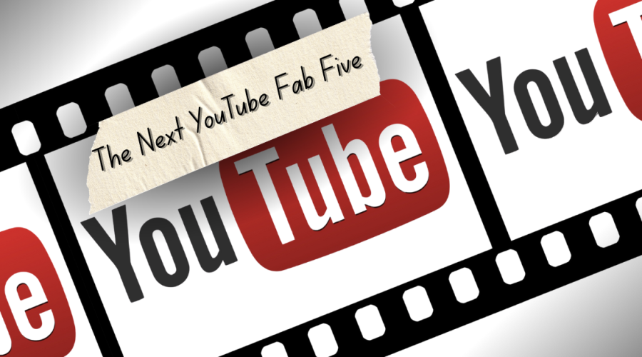 A stylized film strip featuring the YouTube logo repeated across frames. A torn piece of tape overlays the image with handwritten text reading “The Next YouTube Fab Five.” The design represents a creative showcase of diverse YouTube creators.