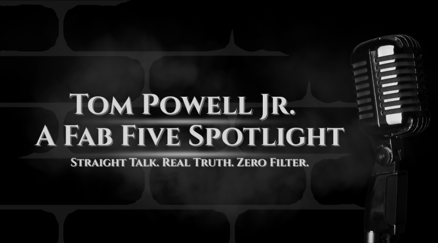 Black-and-white image featuring a vintage microphone against a smoky brick wall background. The bold text reads “Tom Powell Jr. – A Fab Five Spotlight” with the caption “Straight Talk. Real Truth. Zero Filter.” The image evokes raw honesty and unfiltered expression, reflecting the creator’s authentic commentary style.