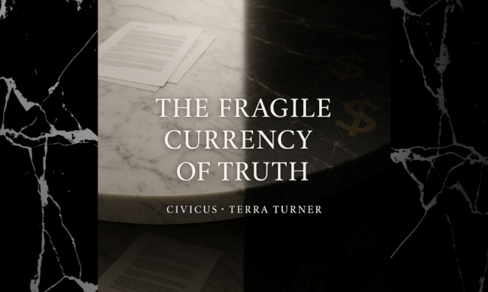 A marble table divided between light and darkness, symbolizing the tension between truth and privilege. On one side, white marble and visible documents reflect transparency; on the other, dark stone with faint gold dollar signs fades into shadow, representing corruption and moral compromise.