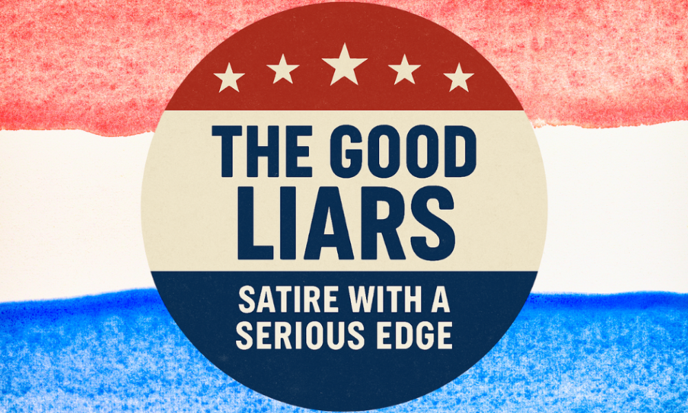 A vintage-style political campaign button reading “The Good Liars – Satire with a Serious Edge,” centered against a textured red, white, and blue watercolor backdrop, evoking both patriotism and parody.