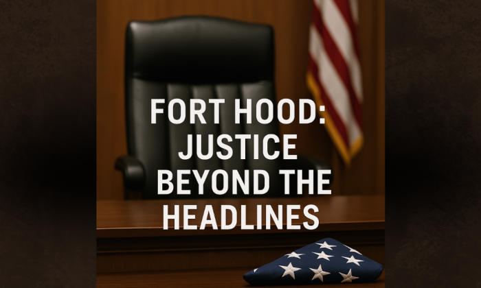 An empty black leather courtroom chair stands behind a wooden bench. A neatly folded American flag rests in the foreground, symbolizing military justice. Overlay text reads: ‘Fort Hood: Justice Beyond the Headlines.’ The image conveys solemnity and the rarity of military executions.