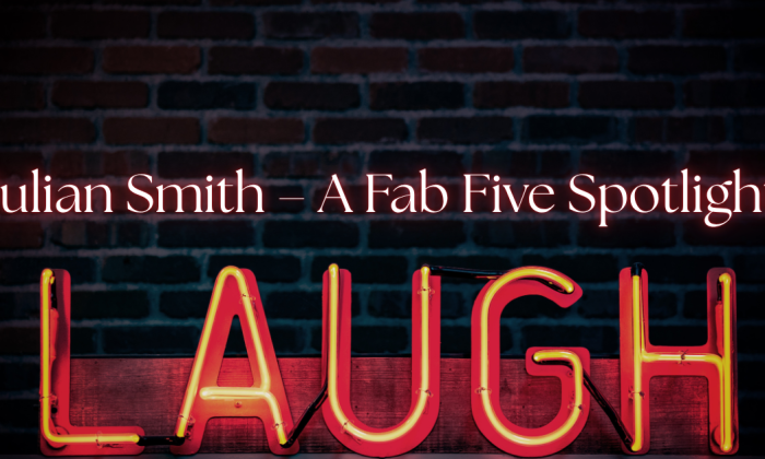 Neon red and yellow sign spelling the word “LAUGH” glows against a dark brick wall. Above it, elegant white text reads “Julian Smith – A Fab Five Spotlight.” The image evokes classic comedy, warmth, and creative nostalgia, reflecting Julian Smith’s early YouTube humor and cinematic storytelling.