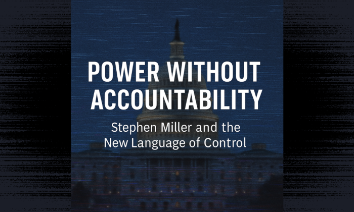 Image of the U.S. Capitol building partially obscured by digital static, symbolizing blurred truth and political distortion, with the title text ‘Power Without Accountability: Stephen Miller and the New Language of Control’ — CherryCoBiz Reverb by Terra Turner.