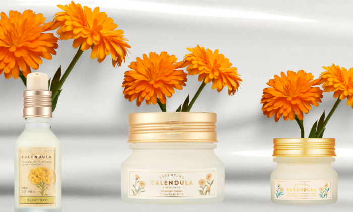 Three products from The Face Shop’s Calendula Essential Moisture line displayed against a soft, silky background. Each jar and bottle features blooming calendula flowers rising from the top, symbolizing freshness and natural beauty.