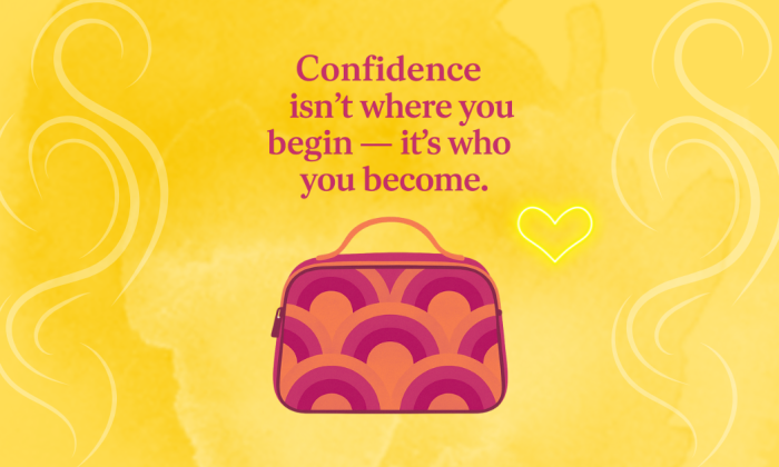 A bright yellow retro-inspired graphic features the quote “Confidence isn’t where you begin — it’s who you become” in bold purple lettering at the center. Below the quote is a vintage-style makeup bag in shades of orange and magenta with a 70s-style rainbow arc pattern. Soft white swirls frame the left and right edges, and a glowing yellow heart floats beside the bag on the right, creating a vibrant and uplifting visual.