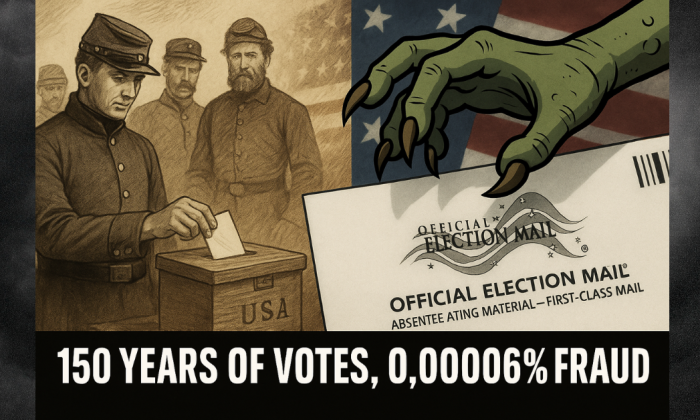 A split illustration showing the history of absentee voting. On the left, Union soldiers from the Civil War in sepia tones cast absentee ballots into a wooden box marked “USA.” On the right, a modern white mail-in ballot envelope labeled “Official Election Mail” appears in full color. A green troll hand with long claws reaches across the divide toward both ballots. In bold text along the bottom: “150 Years of Votes, 0.00006% Fraud.”