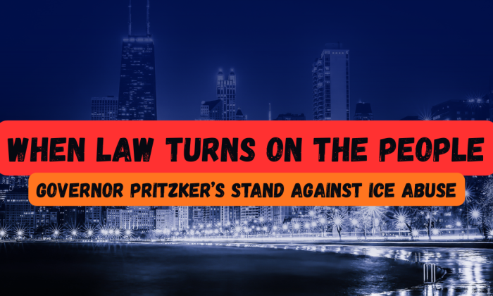 A nighttime view of the Chicago skyline glows in deep blue tones with bright city lights reflecting on Lake Michigan. Bold red and orange text across the image reads, “When Law Turns on the People — Governor Pritzker’s Stand Against ICE Abuse.” The image conveys urgency, accountability, and resistance against government overreach.