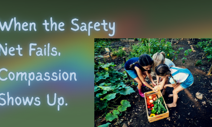 Children in a community garden lifting a crate of fresh vegetables together, symbolizing unity, compassion, and shared care during times of hardship.