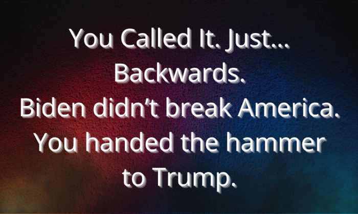 Overlay image with a textured red-to-blue gradient background. White bold text centered on the image reads: 'You Called It. Just… Backwards. Biden didn’t break America. You handed the hammer to Trump.' The design visually represents the divide between red and blue America, emphasizing political irony.